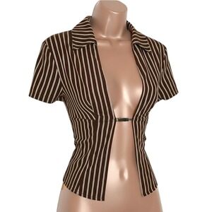 New Small Brown Pin stripe Short‎ Sleeve Open Front Crop Top Metal Clasp Closure